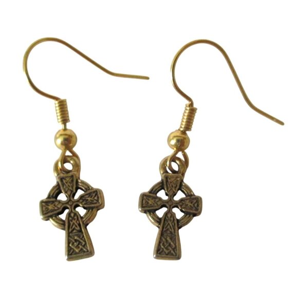 New Gold Celtic Cross Dangle Earrings on Goldtone Ear Wires - Picture 2 of 6